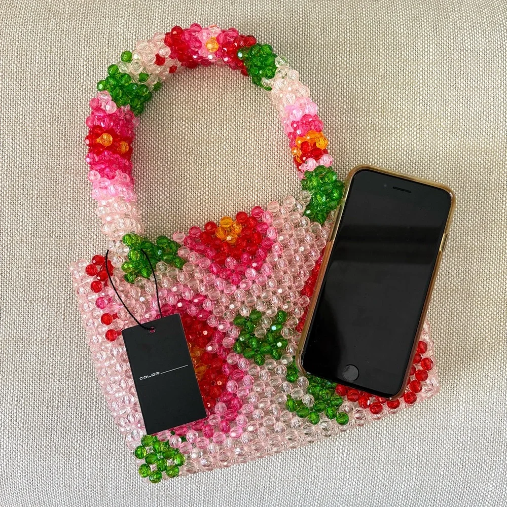 Anthropologie Small Beaded Tote Bag NWT Acrylic Floral Design Handmade